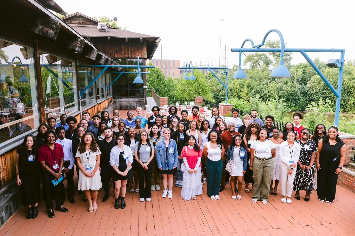 large group of students standing outside